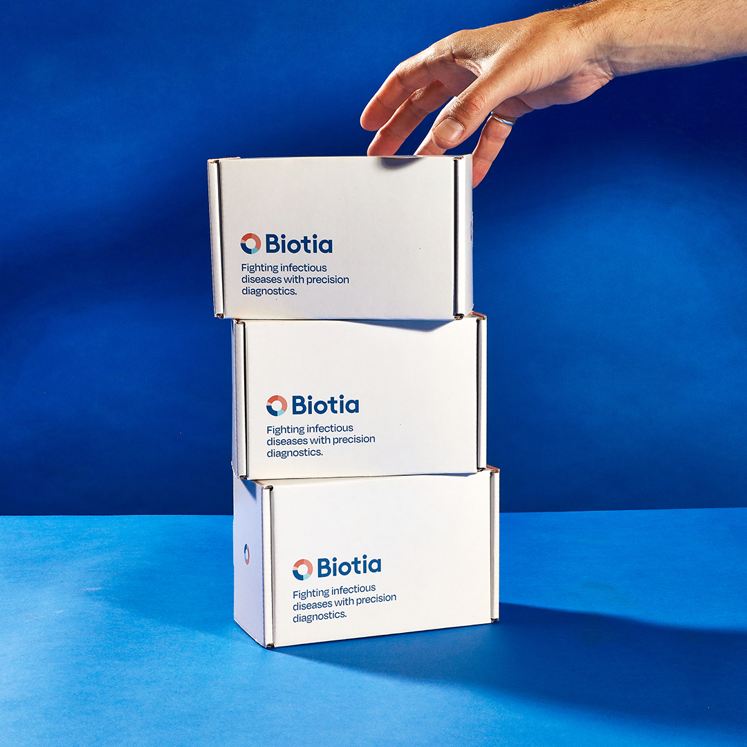 Stack of Biotia test kit boxes